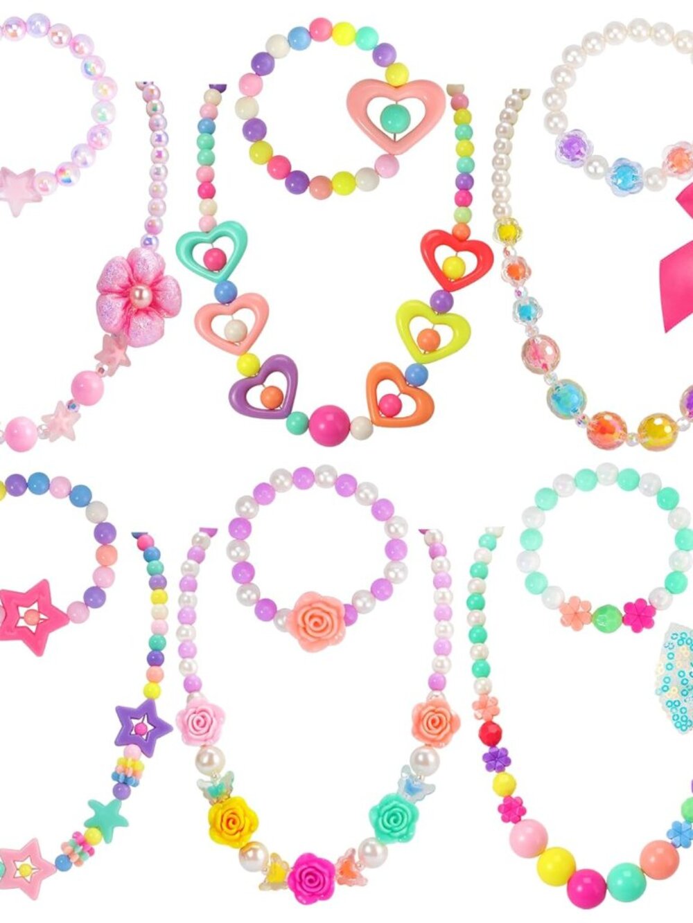 Kids Classic Jewelry, 6 Sets of Beaded Necklaces and Bracelets for Girls, Favors